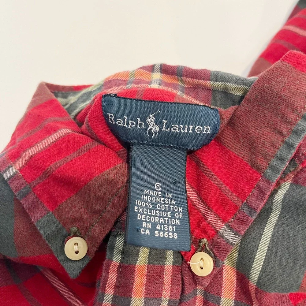 Ralph Lauren Kids Red Green Plaid Button Down Shirt Boys Sz 6 Cotton Long Sleeve